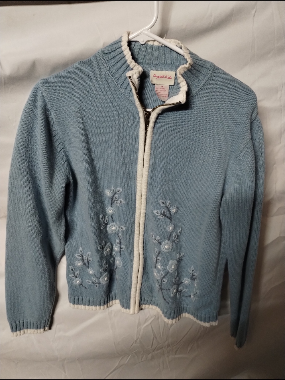 Light Blue Embroidered Zip Cardigan with Cream Trim